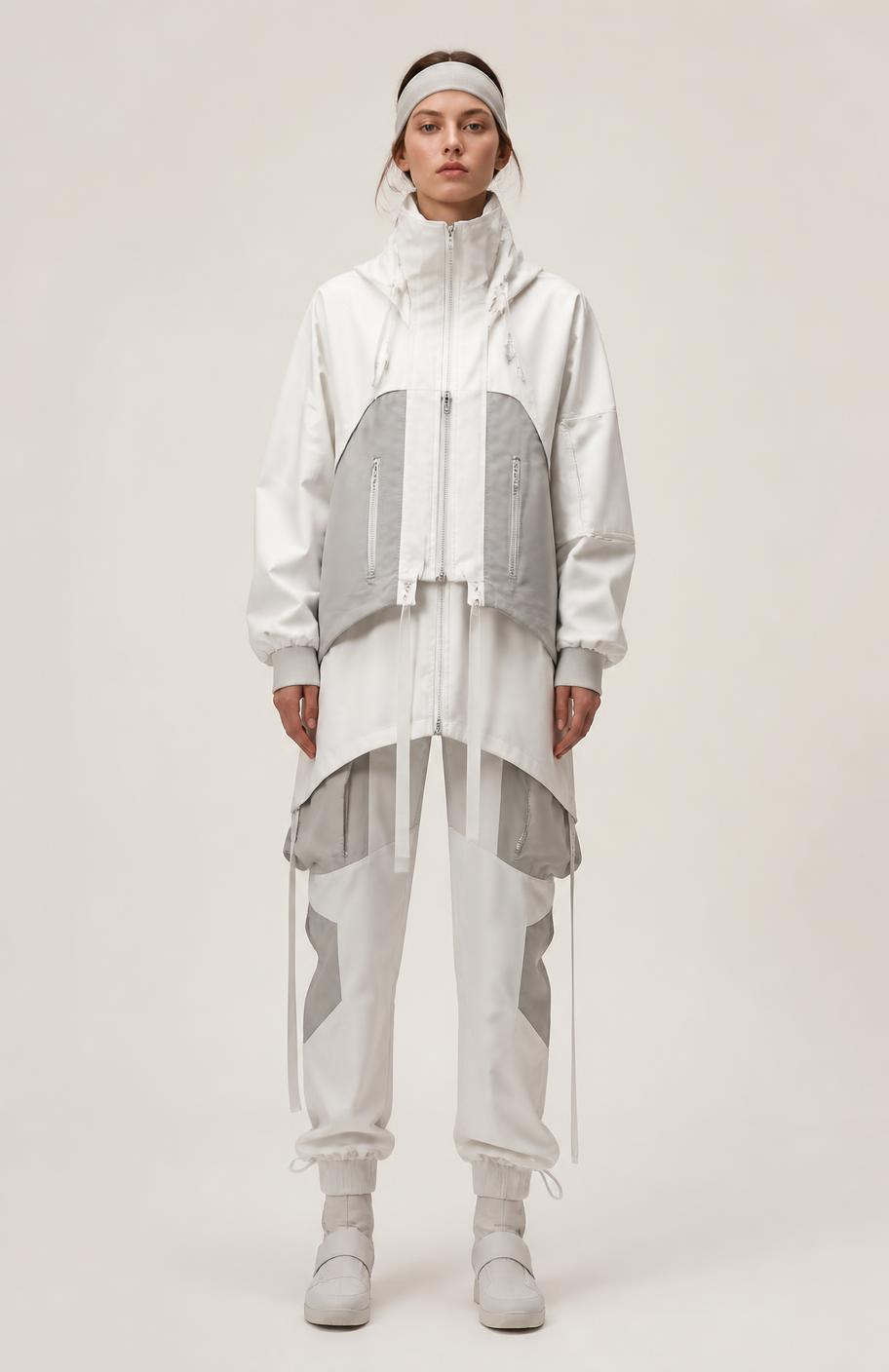 Model wearing the Nila Voss Signal layered parka in white and ash