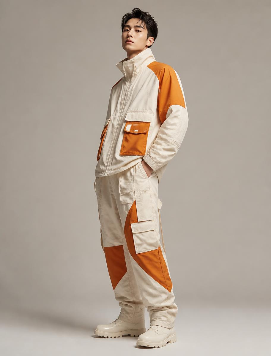 Model in the Nila Voss Field utility set in cream and rust