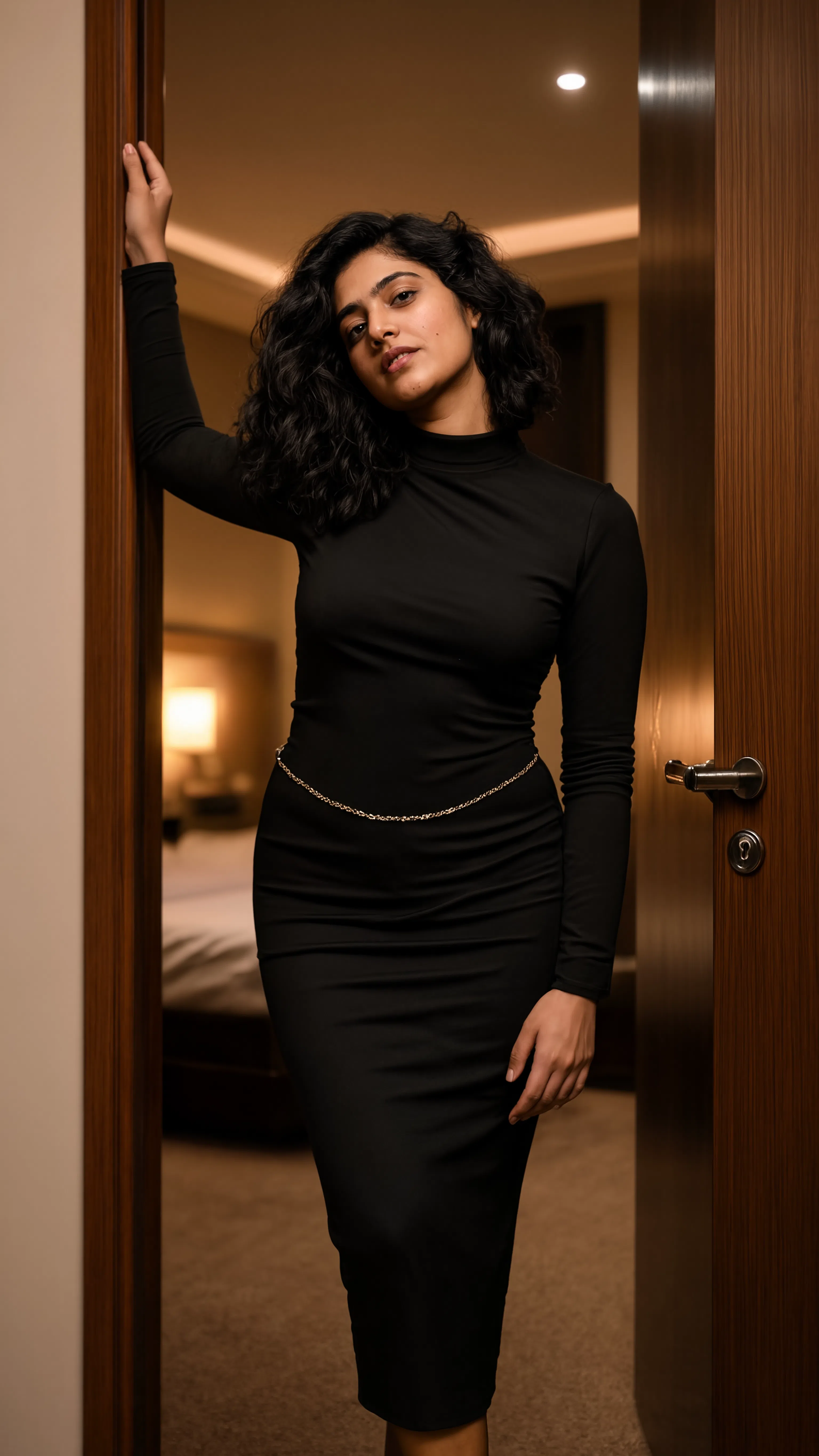 Portrait of Nila Voss in a black column dress.